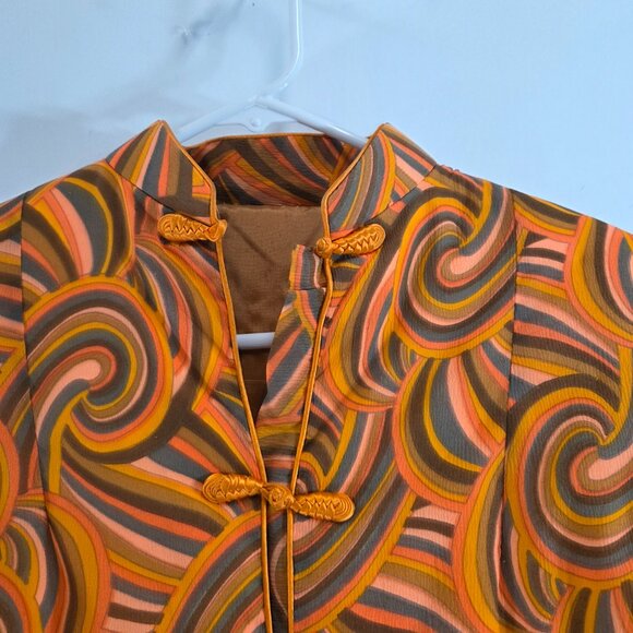 Ladies Asian Frog Button Quilted Blouse Orange Swirl Pattern Size Small Vintage - Picture 4 of 11